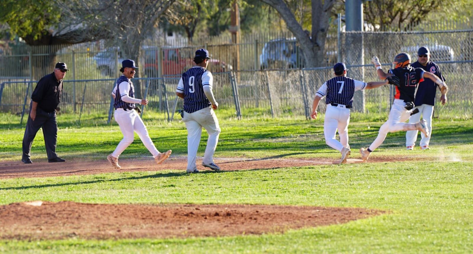 Pueblo baseball players run to get a Cholla player out