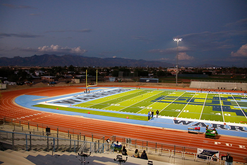 An overhead view of the new turf on the Pueblo High School football field